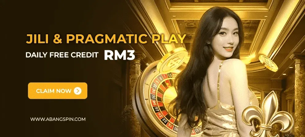 AbangSpin free kredit banner showing RM3 daily free credit for JILI and Pragmatic Play