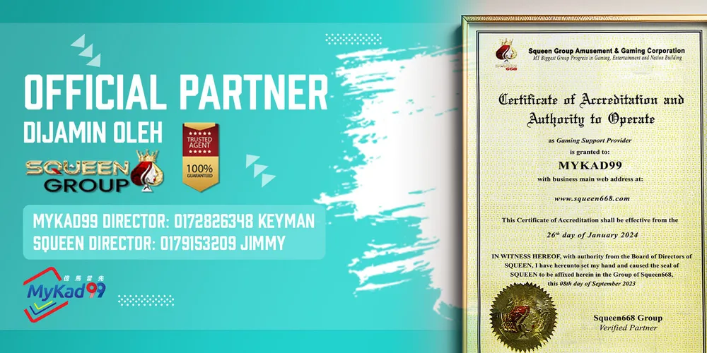 MyKad99 official partner banner showing a SQUEEN668 Group certificate of accreditation