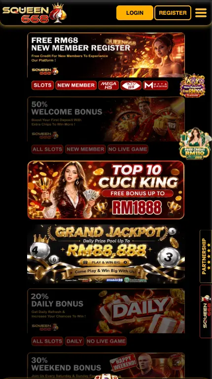 SQUEEN668 promotions page listing free RM68 new member register, welcome bonus and Top 10 Cuci King