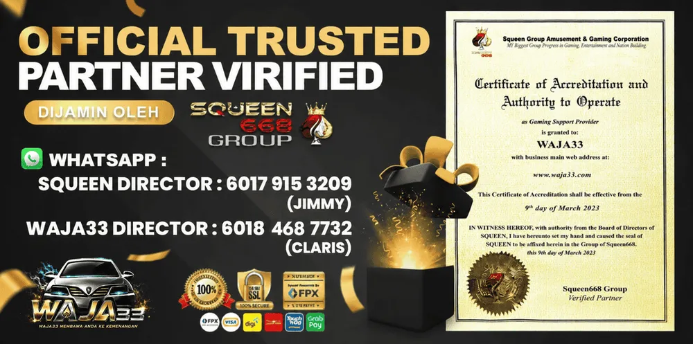 Waja33 official trusted partner banner showing a SQUEEN668 Group certificate of accreditation