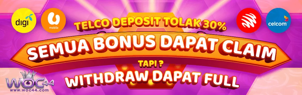 WOC44 banner stating telco deposits are deducted 30 percent but can claim bonuses and withdraw in full