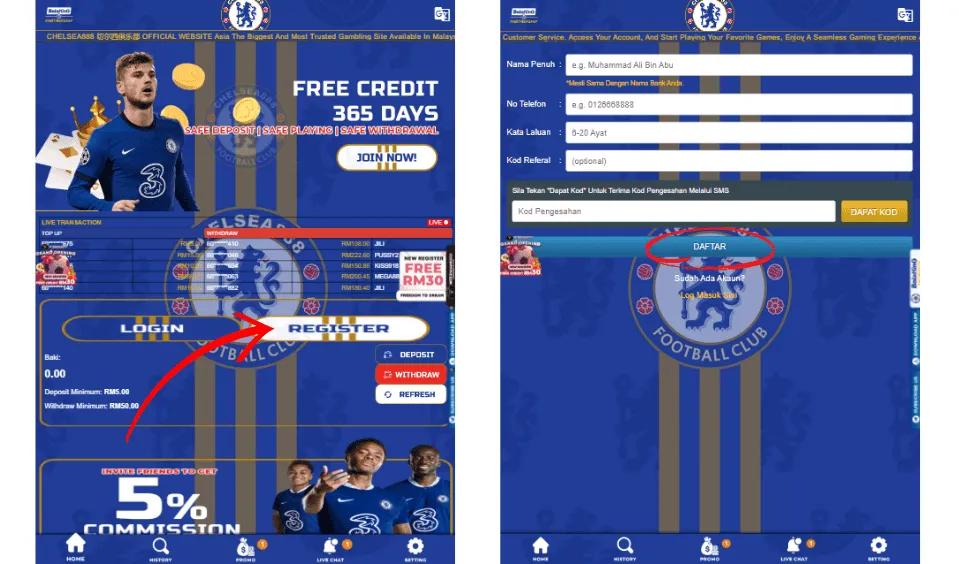 Chelsea888 register form